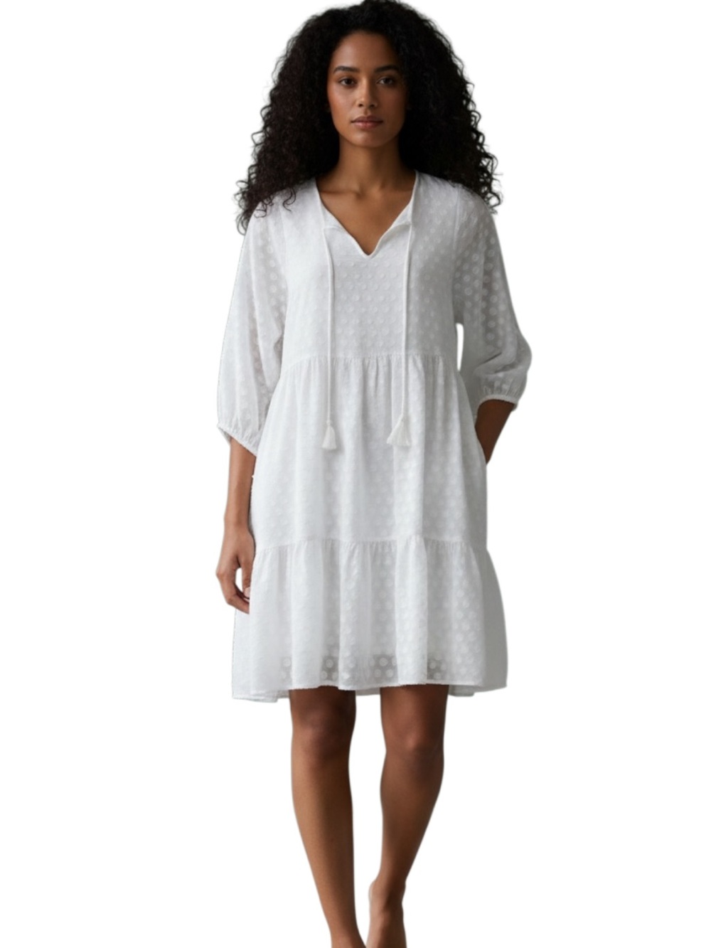 Eesome Swiss Dot Babydoll Dress - White- Tiered - V-Neck